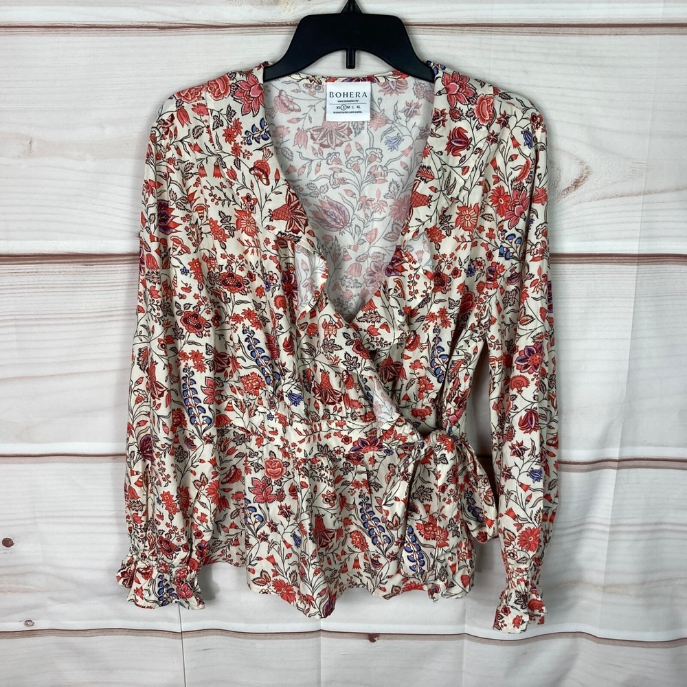 Bohera Top Womens S Floral Wrap Blouse Long Sleeve Ruffle Neck Tie Waist‎ Woven